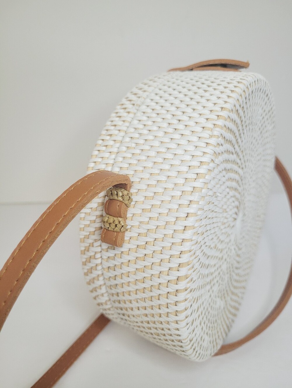 Rattan Round Cossbody Bag White Women's Faux Leather Strap Snap Button Closure